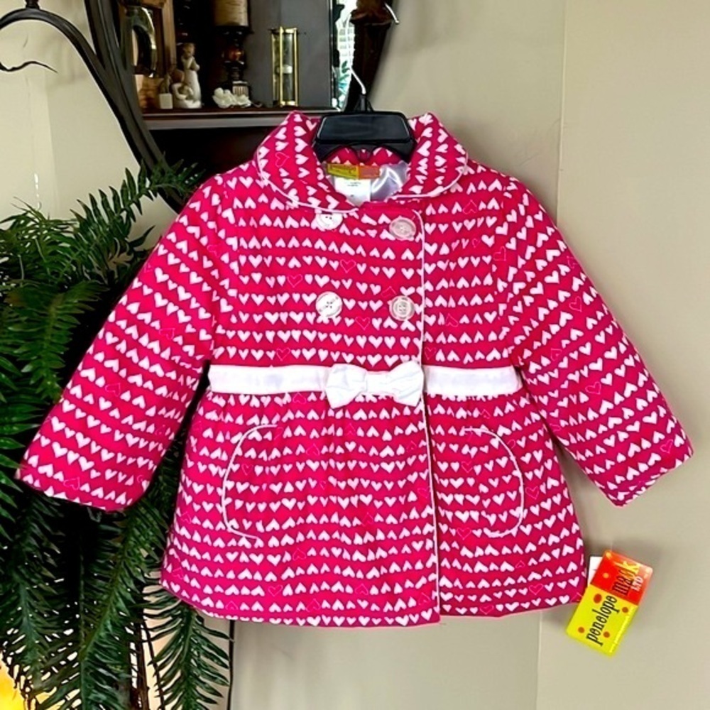 Brand New Penelope Mack Pink & White Heart Button Up Winter Pea Coat Bow Satin
